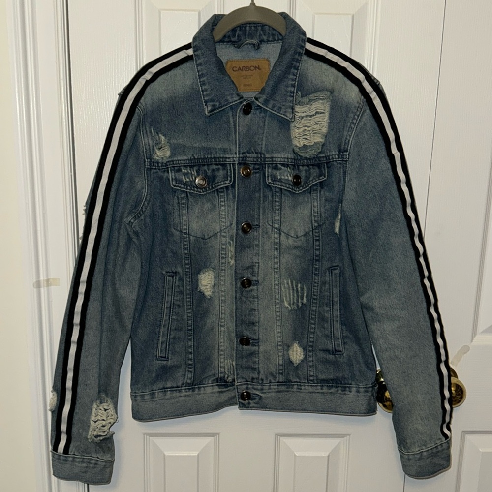 Men’s Carbon Denim Jacket With Black&White Stripe Sz S